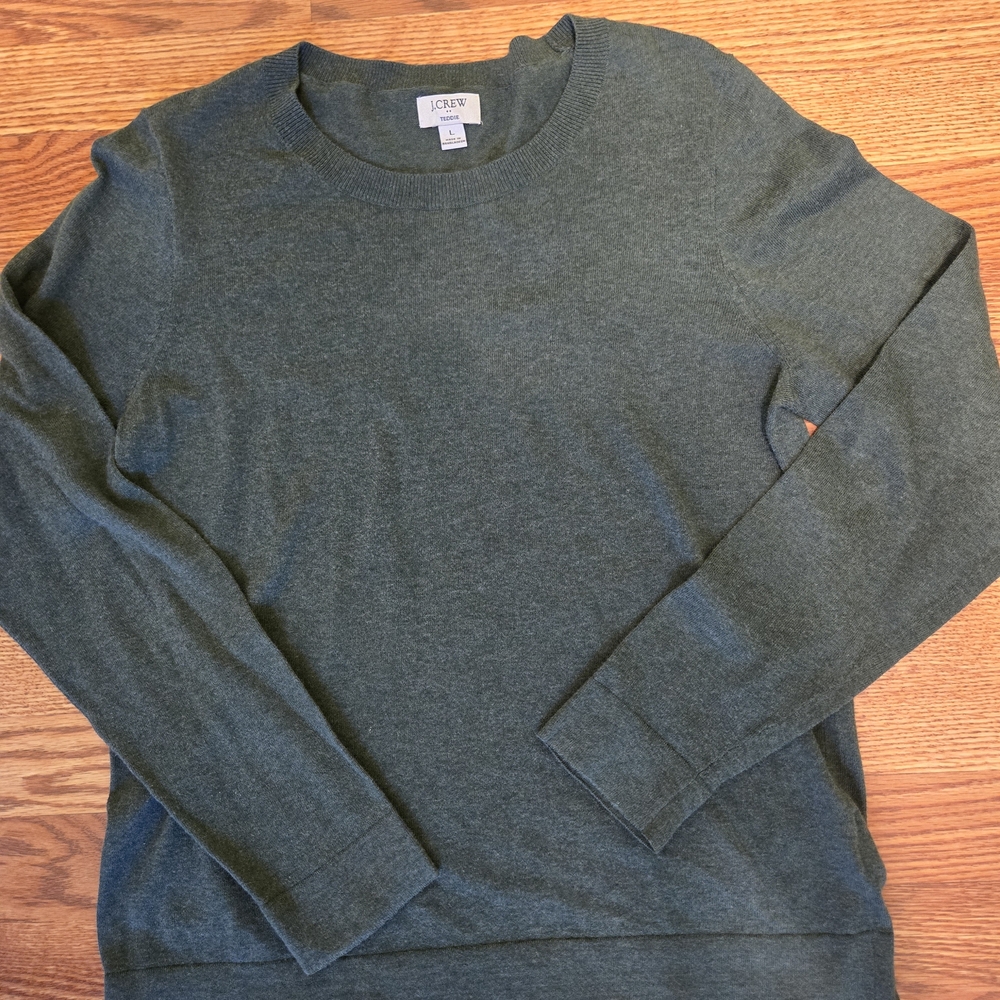 NWOT J. Crew Olive Teddie Crew Neck Sweater 100% Cotton Size L